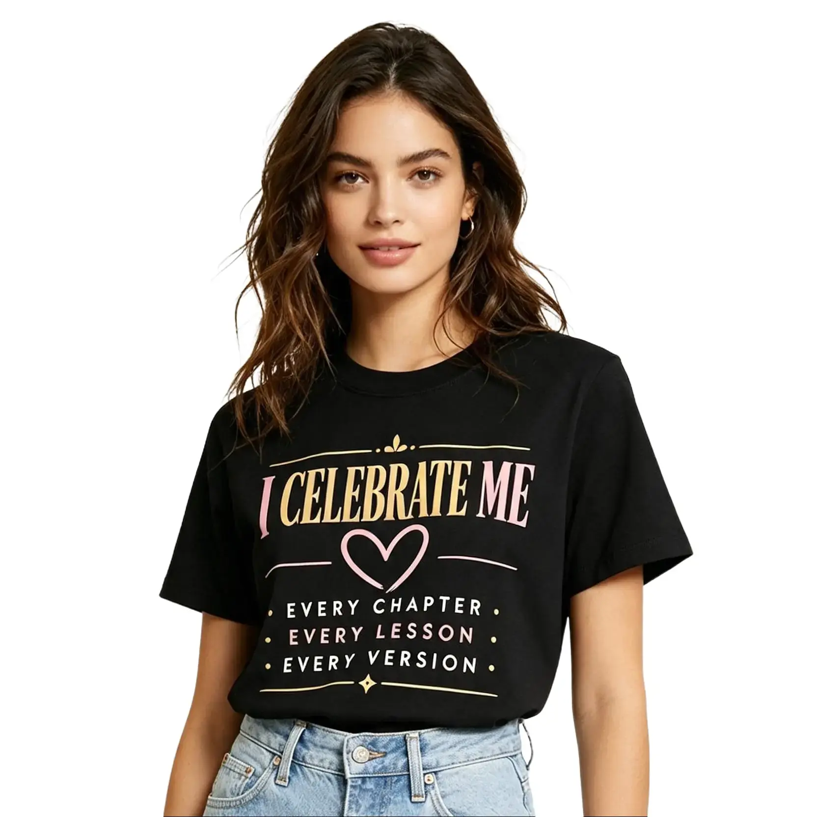 I Celebrate Me Positive Affirmation T‑Shirt, Every Chapter Every Lesson Every Version Self‑Love Graphic Tee, Unisex Women Empowerment Casual Crew Neck Top