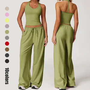 Jetjoy Gym Sets for Women 2 Piece, Gym Sets for Women 2 Piece Halter Backless Sports Bras Wide Leg Pants Yoga Outfits Workout Tracksuit airport outfit yoga pilates summer outfit summervibes