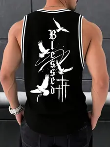 Gothic "Blessed" Dove & Cross Graphic Oversized Polyester Basketball Jersey Tank for Men | TikTok Trendy Streetwear Athletic Top – Bold Black & White Design, Breathable Polyester Fabric, Loose Fit Perfect for Gym Workouts,
