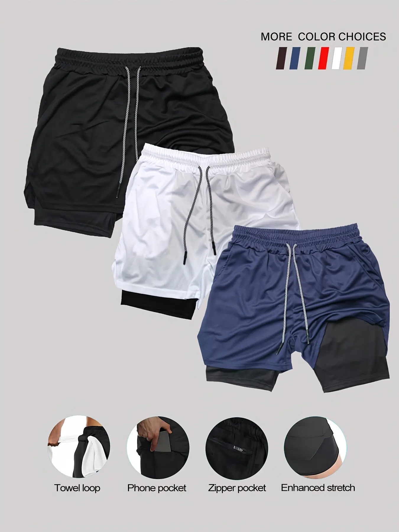 3-Pc Men'S Regular Multi-Pocket Double-Layer Shorts, All-Season Quick-Dry Breathable Basketball Pants, Fitness Running Athletic Casual Trousers, Phone Pocket Athletic Shorts