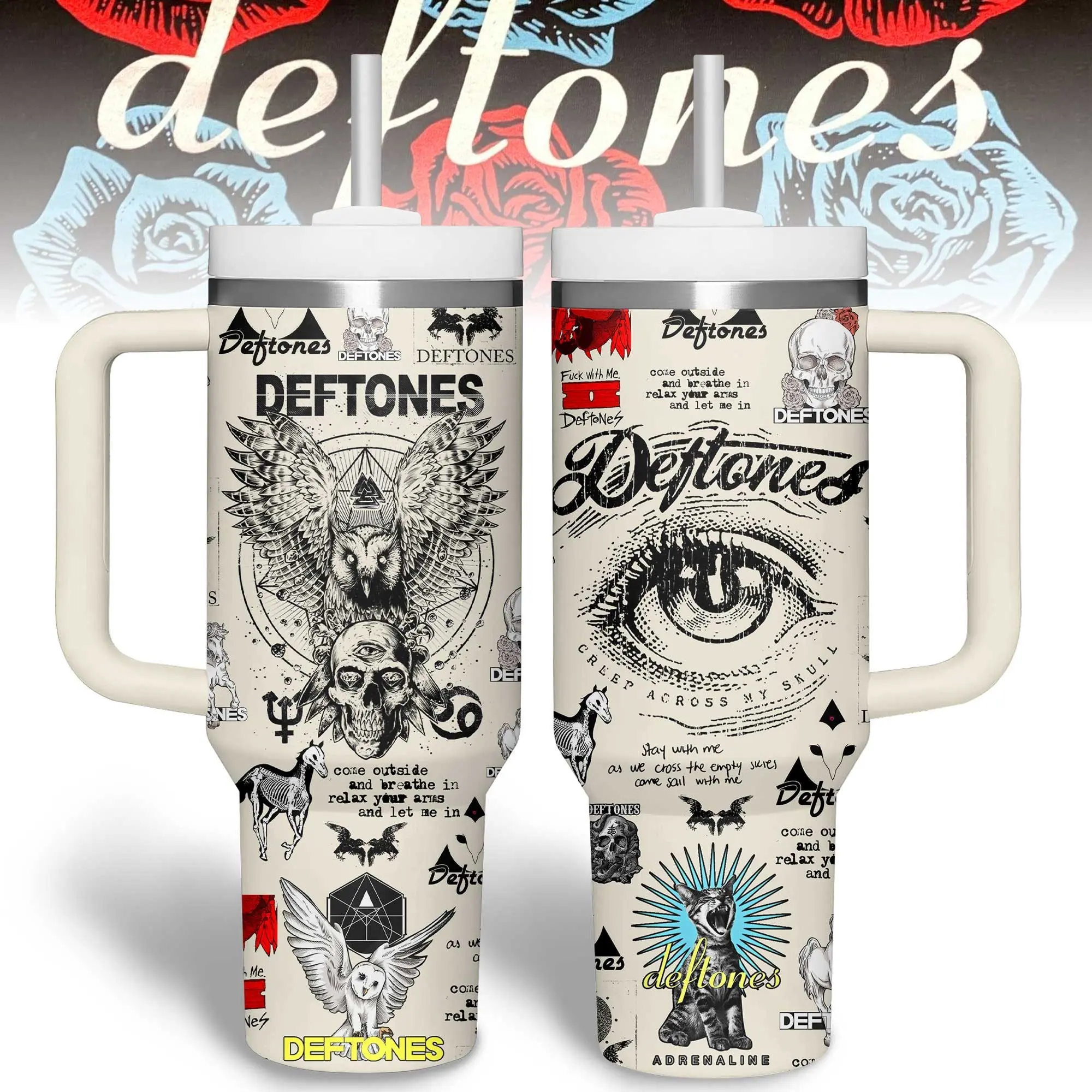 Vintage Deftones Music Stainless Steel Insulated Tumbler Cup, Stylish Rock Fan Merch Coffee Tumbler with Handle and Lid - 40 oz, 20 oz Options