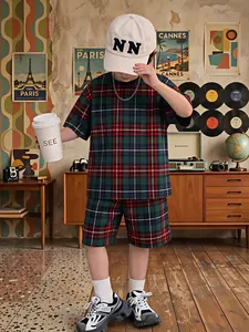 Retro Green Checkered Streetwear Set for Boys Ages 4–14 – Relaxed-fit hip-hop style for kids, classic checkered print, lightweight and breathable fabric, durable and machine-washable