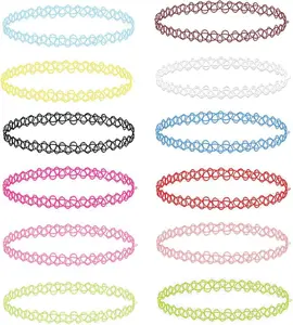 12PC Tattoo Choker Necklace Set - 90S Accessories 80S Old School 2000S Jewelry - Pink Blue Green Colorful Rainbow Gothic Black - One Size Women Teen Girl - Stretchy Multicolor Collar