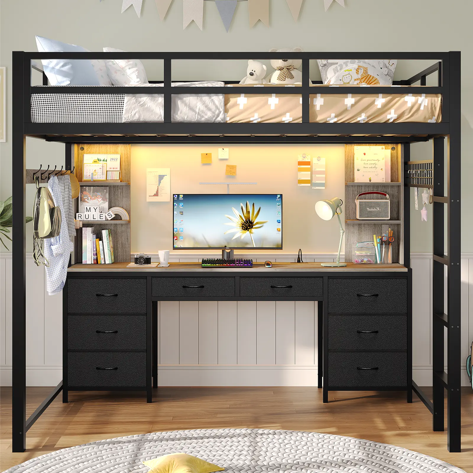 ADORNEVE Modern Full Size Metal Loft Bed with Desk, 8-Drawer Storage, 6 Shelves, LED Lights, 2 Outlets+USB+TypeC, Heavy-Duty Frame, Metal Slats, Guardrail Safety, 6-Hook Coat Rack, Bedroom Furniture Design, Modern Home Decor, Space-Saving Underbed Storage