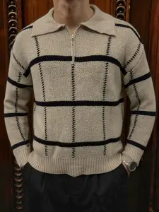 Men's Knitted Button-Up Cardigan, Long Sleeve Turn-Down Collar Zipper Plaid Pattern, Casual Polo Neck Sweater Pullover