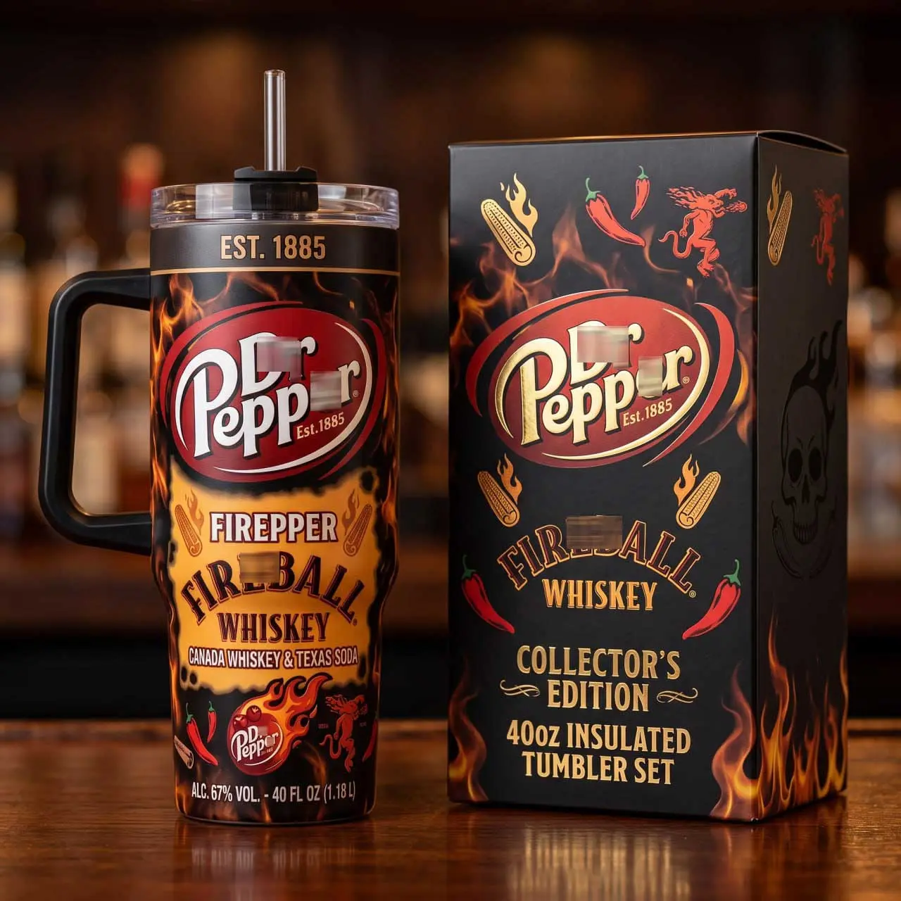 Pepper Fireball Whiskey 40oz Insulated Tumbler With Handle & Straw, Limited Collector's Edition Travel Mug, Stainless Steel Vacuum Cup, Vintage Soda & Cinnamon Whiskey Drinkware, Gift for Dr Pepper Fans