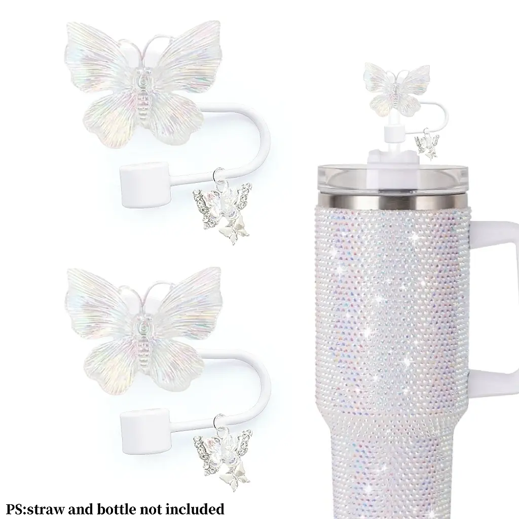 Butterfly Straw Toppers Set, Straw Toppers for Tumblers, Silicone Straw Topper, color Straw Covers Compatible with Cups 30&40 Oz, Dust-proof for 0.39" Diameter Straws, with Clip-On Butterfly Ornament, Summer Cup Toppers outdoor camping Activities