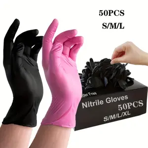 50-count disposable cleaning gloves, household cleaning gloves, available in black and pink, for cleaning tasks such as kitchen work, dishwashing, and home cleaning. Disposable nitrile gloves.
