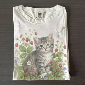 Comfort Colors Vintage Kitten Strawberry 90s Graphic Tshirt, Retro Cottagecore Aesthetic Floral Unisex T-Shirt