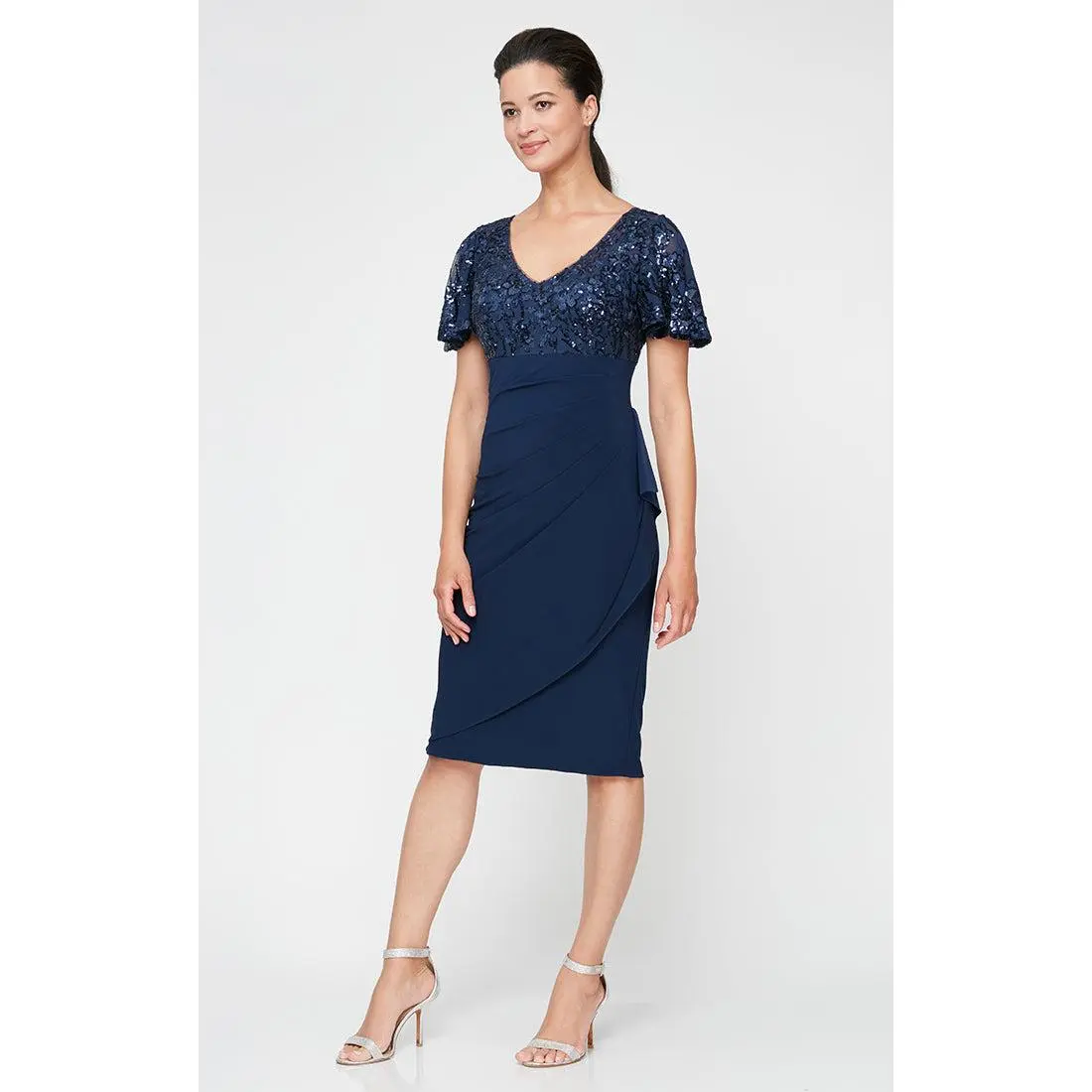 Petite Empire Waist Sheath Dress with Flutter Sleeves and Cascade Detail Skirt