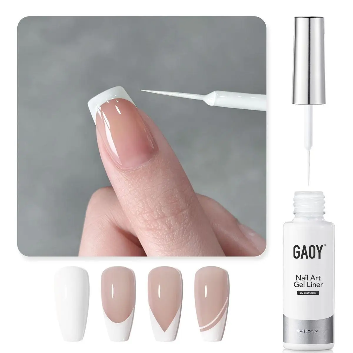 White Swirl Gel Nail Polish Art Liner, 8ml Classic Color Nail Paint Design with Thin Brush, UV Light Cure for DIY French Manicure at Home