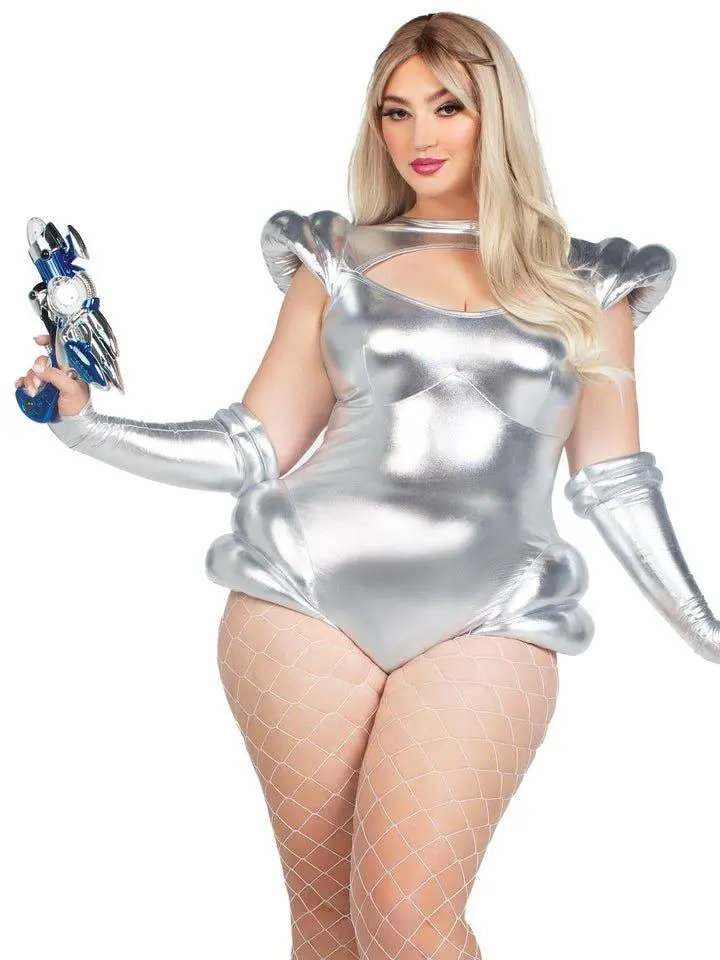 Space Babe Queen Costume - Silver Futuristic Bodysuit & Gloves for Halloween & Space-Themed Events - Comfortable & Stylish Cosplay Outfit