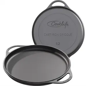COOKLIFE Cookware 12 Inch Smooth Cast Iron Griddle with Pan Scraper and Mesh Dish Scrubber - Round Pre-Seasoned Griddle Pan for Stove
