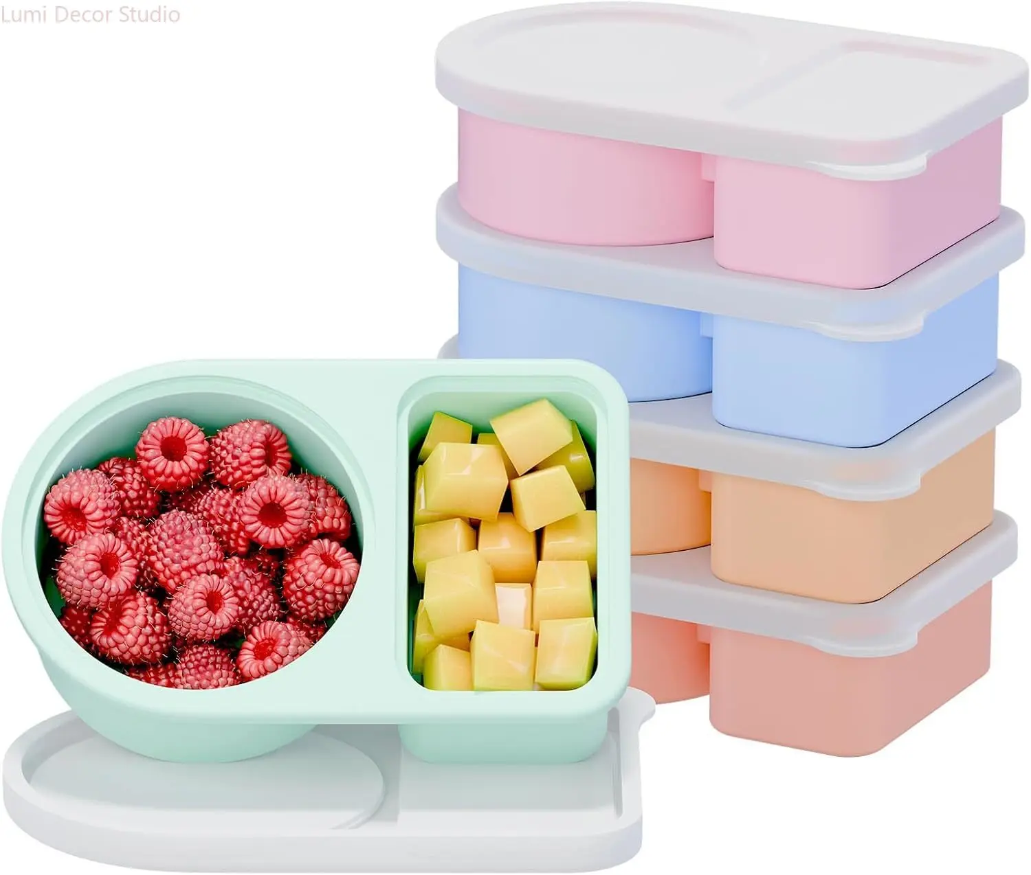 Reusable Silicone Food Storage Containers - 5-Pack Stackable 2-Compartment Leak-Proof Portable Bento Lunch Box Kit for Kids with Lids, Ideal for Camping, Travel, Snack Containers, Airtight Leak Proof, Multifunctional Preserving Box, Rainbow, Road Trips, M