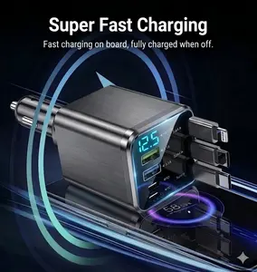 Super Fast Car Charger: QC3.0&PD2.0,120W Max,3 Retractable Cables + 4 Ports | 7-in-1,Smart Chip & LED Voltage Display | Universal Charging Solution for iPhone & AndroidThe Ultimate Road Trip Companion