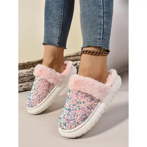 Women's Fashion Sequined Plush Slippers Indoor, Soft Fleece Lining Comfortable Winter Snow Shoes, Slip-On Style for Ladies(Sheets)