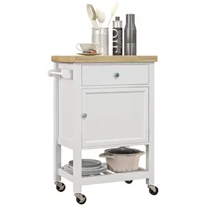 HOMCOM Utility Kitchen Cart, Rolling Kitchen Island with Smooth Rubberwood Top, Narrow Butcher Block Surface on Wheels with Storage Drawer & Cabinet, Gray