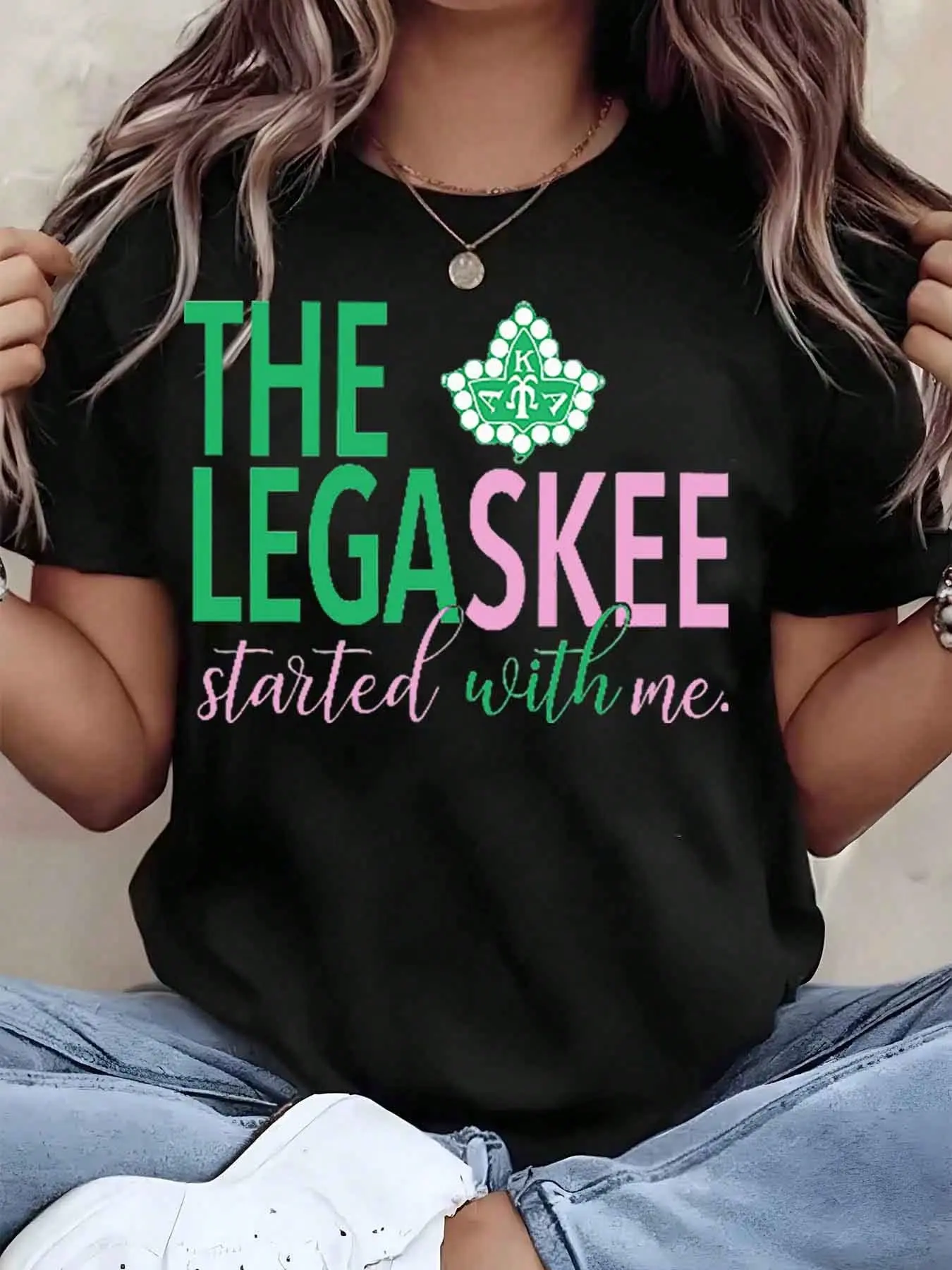 Women's Crewneck Graphic Tee - "The Legaskee Started With Me" Print, 220g Casual Top, Sorority AKA Gift Clothing