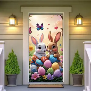 1PC,2D Flat Easter Decorative Door Banner, Cute Rabbit Easter Egg Floral Pattern Door Curtain, Festival Atmosphere Decoration Supplies, Outdoor & Indoor Door Hanging, Creative Home Decor Hanging Cl