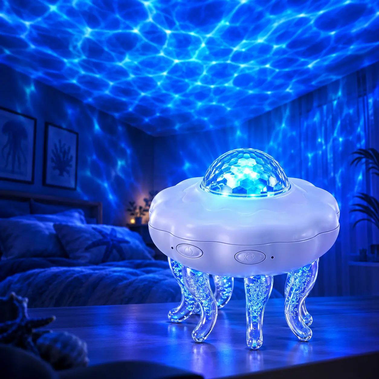 Plastic Jellyfish Ocean Wave Projector - 5W Power USB-Powered LED Glow Light Novelty Lighting, Automatic Room Decor with Timer, Remote Control, Water Ripple Effect, Easy Customizable Operation