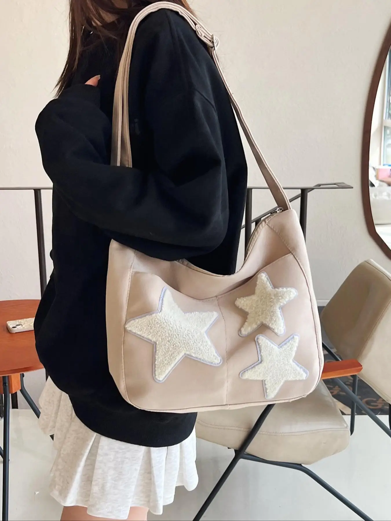 Women's Cute Star Patched Design Crossbody Bag, Trendy Large Capacity Shoulder Bag, Fashionable Crossbody Bag for Daily & Work & College Use