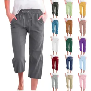 Linen Capri Pants for Women Cotton Casual Summer Capris Drawstring High Waist Pants Wide Leg Cropped Trousers