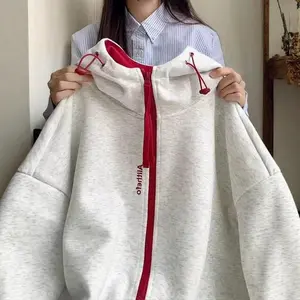 American Retro Contrasting Color Zipper Cardigan Sweater Women's Autumn and Winter Fleece Thickened Loose Couple Design Hooded Jacket