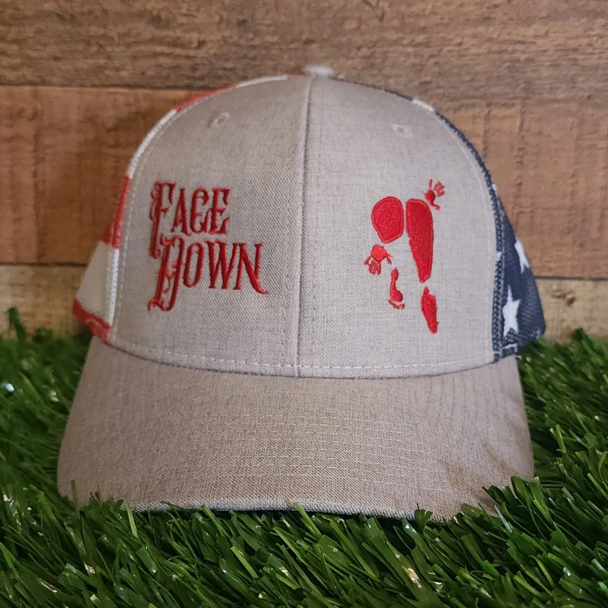 Face Down, Booty Up Baseball Cap - Snap Back Style in Olive Green, Royal Blue, and Grey - USA Flag Mesh and One Size Fits Most