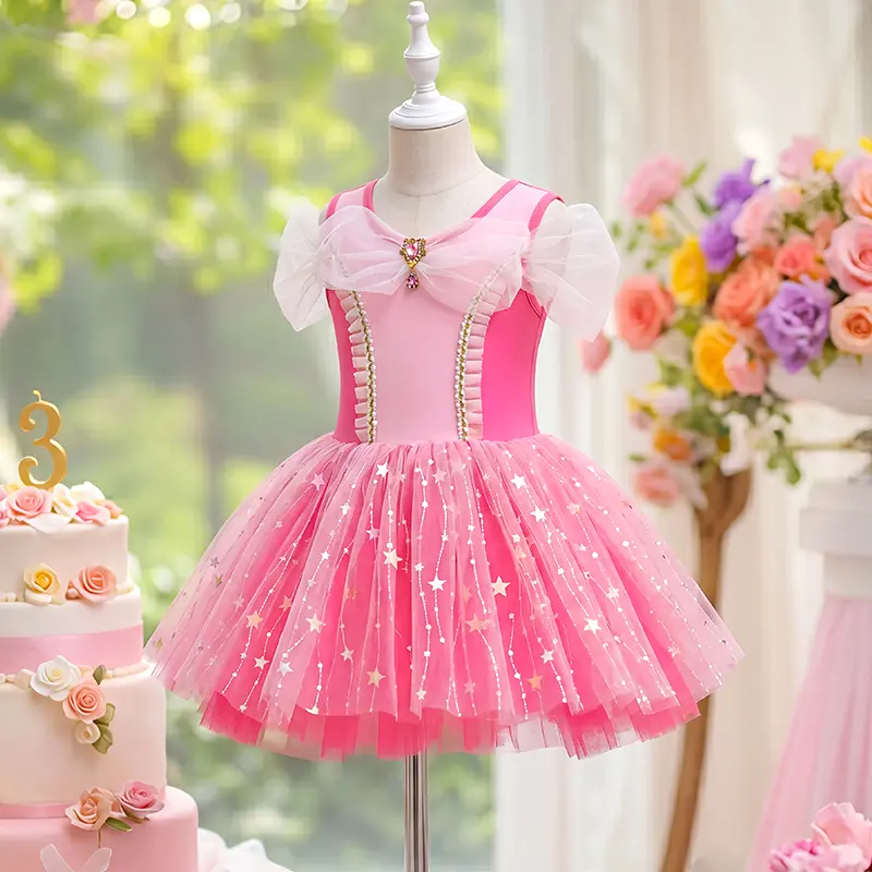 Girls Pink Flutter Sleeve Glitter Star Tulle Tutu Dress  girls   Kids Ballet Dance Costume Princess Birthday Wedding Party Outfit   kids clothing girls