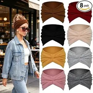 8 Pack Wide Knot Headbands for Women – Fashion Boho Hair Bands, Soft Stretchy Turban Headwrap for Workout Yoga Running, Cute Daily Hair Accessories for Thick Thin Hair