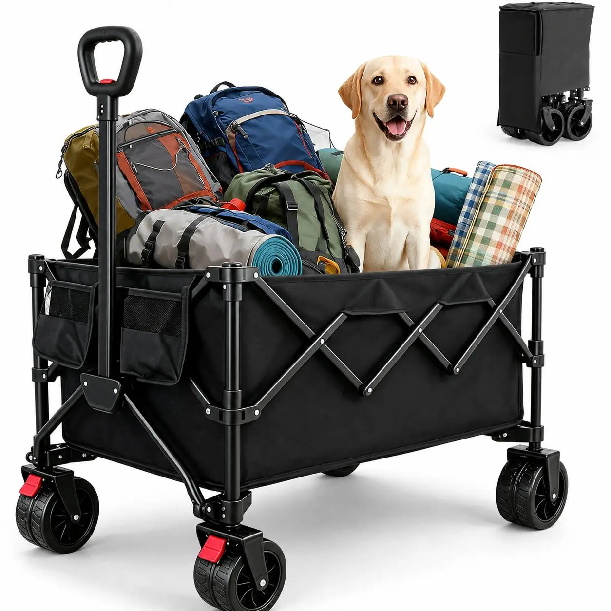 Large space foldable picnic trolley - Heavy-duty Oxford fabric outdoor camping trolley, equipped with 360° rotating all-terrain wheels, 52-inch extension pole, 400-liter storage space, elastic rope fixation, suitable for family camping and shopping