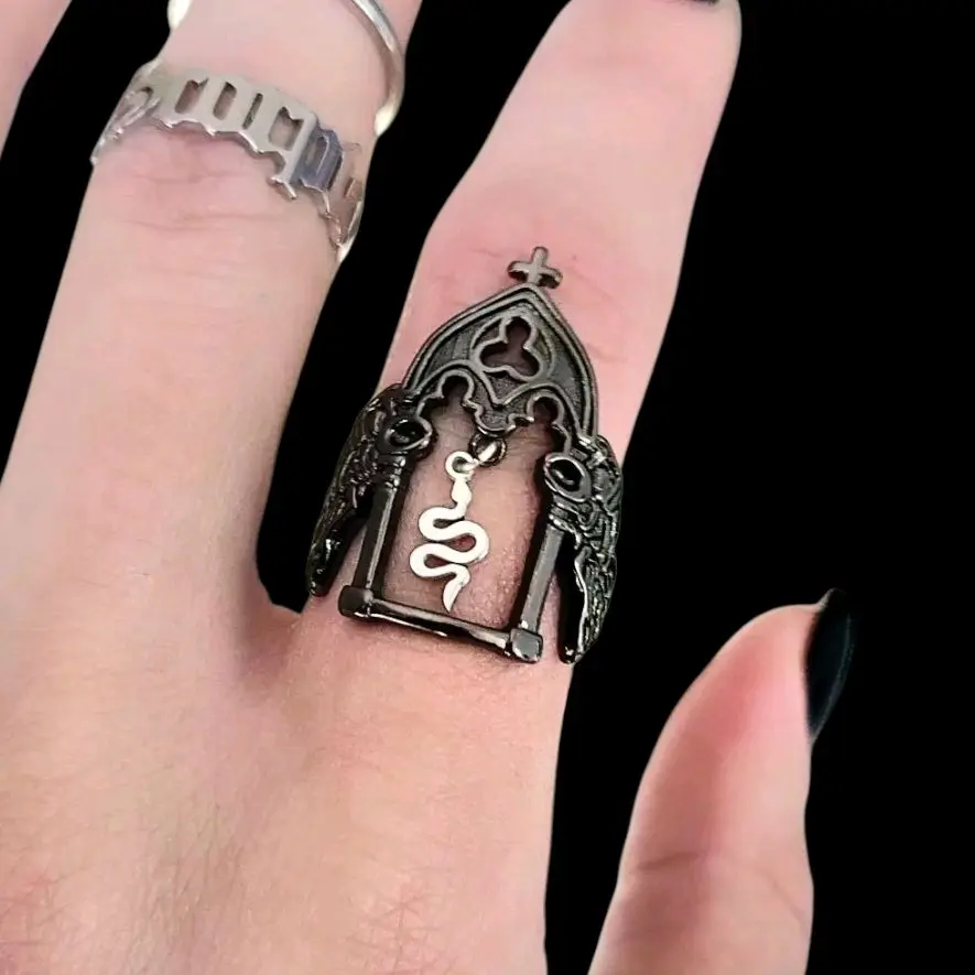 Black Silver Snake Charm Cathedral Ring - Adjustable