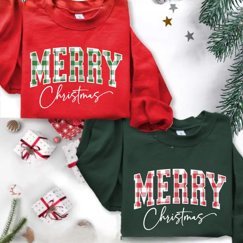 Merry Christmas Sweatshirt, Buffalo Plaid Sweater, Christmas Family Top, Xmas Gift Idea, Woman Xmas Shirt, Cute Winter Holiday Shirt