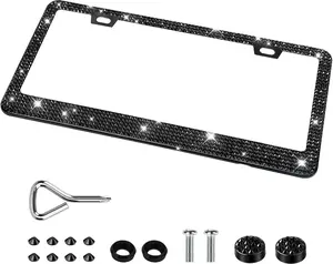 Bling License Plate Frames for Women, Sparkly Rhinestone Diamond Car Accessories with Glitter Crystal Caps (1 Pack Black)