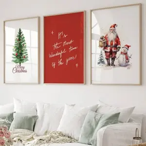 3pcs Christmas Santa & Snowman Canvas Prints with Wooden Frame, Festive Wall Art Decor for Living Room, Holiday Gift Idea