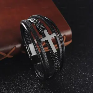 8 INCH Cross Design Classic Stainless Steel Men's Leather Bracelet Cross Magnetic Buckle Bangle Bracelet Jewelry