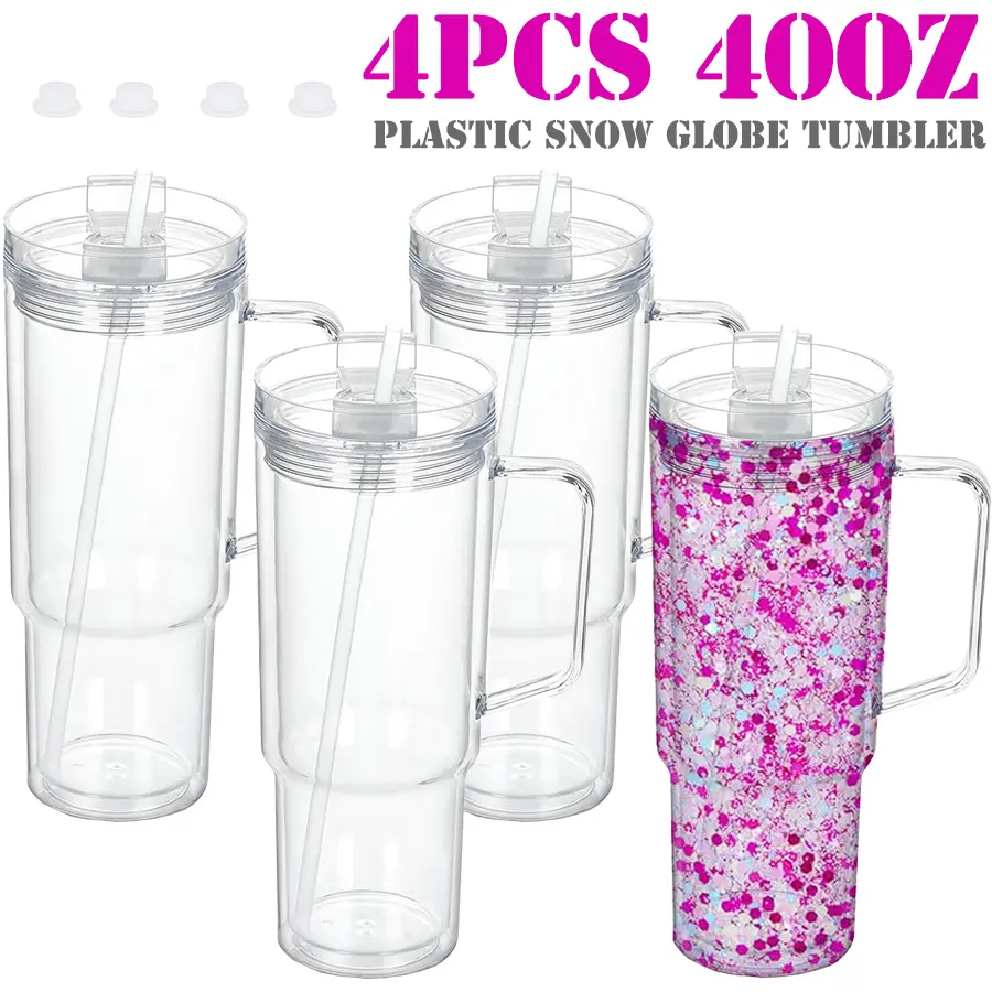 4 PACK 40 oz Plastic Snow Globe Cups Pre-Drilled with Hole Stopper, Double Wall Acrylic Snowglobe Tumbler with Handle and Straw for Snow Globe Glitter DIY Gift, Individual Packaging Drinkware Bottles Stylish Bottles