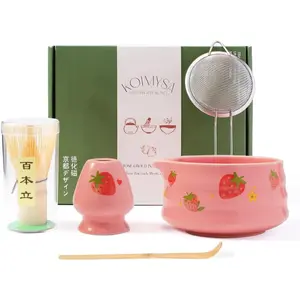 Pink Strawberry Matcha Set Whisk And Ceremony Bowl, 5 Pcs Ceramic Traditional Matcha Making Kit Gift Set For Women Friends Tea Lover