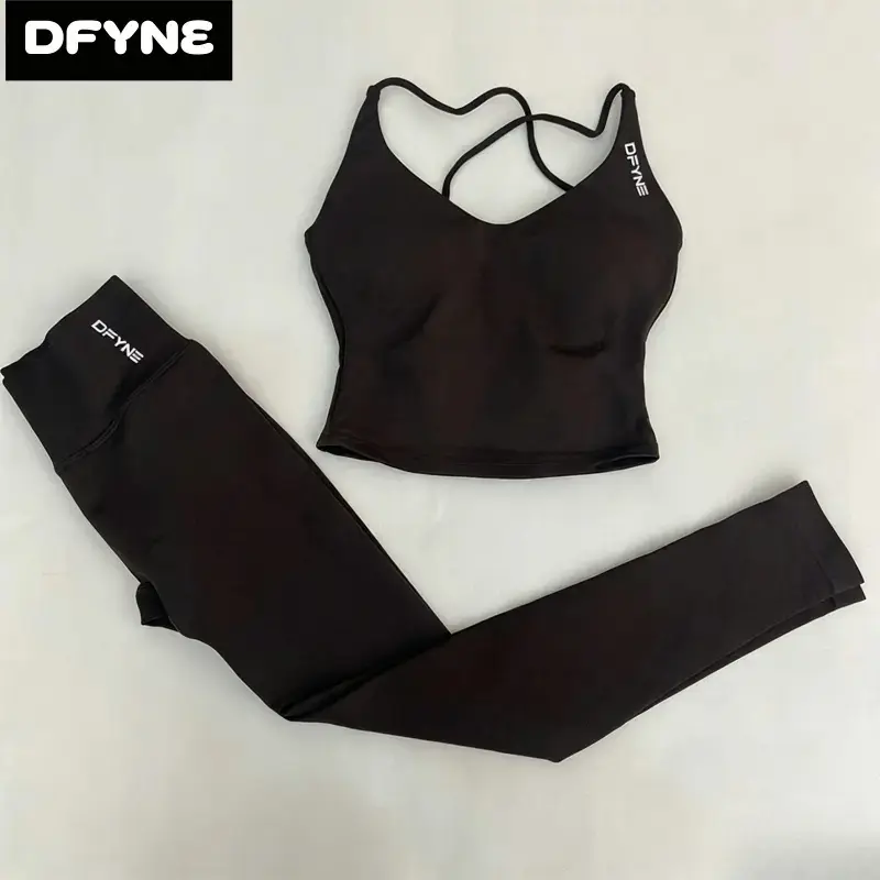 DFYNE 2 Piece Seamless Workout Set for Women|Fine Strap Open Backless Crop Tank Top & HighWaisted Scrunch Bum Gym Leggings| Yoga Outfit,Gym Matching Set, Activewear Workout Set
