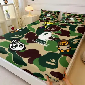 BAPE Camo Ape Head Fitted Sheet Set with 2 Coreless Pillowcases, Camouflage with Classic Ape Head Pattern, Soft Comfort Mattress Protector, Fresh Color-Blocking Bedroom Decor Gift for Fan Bed Sheets Set