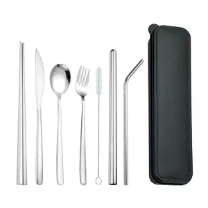 Convenient 304 Stainless Steel Portable Cutlery Set, Including Knife, Fork, Spoon, Chopsticks, Straw, Cleaning Brush, with Storage Box, Essential for Outdoor Travel