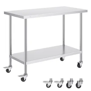 Stainless Steel Work Table 24x48x38 Inch, Mobile Cart With 4 Wheels, 3 Adjustable Height Levels, Heavy Duty Food Prep Station For Commercial Kitchen, Restaurant, Bakery, Catering, NSF Approved, Silver