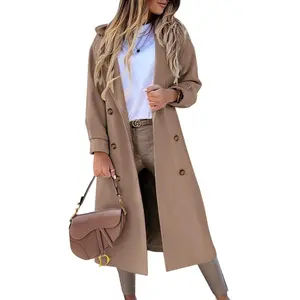 FMEYOA Women's Long Coat Notched Lapel Collar Double Breasted Pea Coat Winter Elegant Wool Blend Over Coats Jackets NX2274