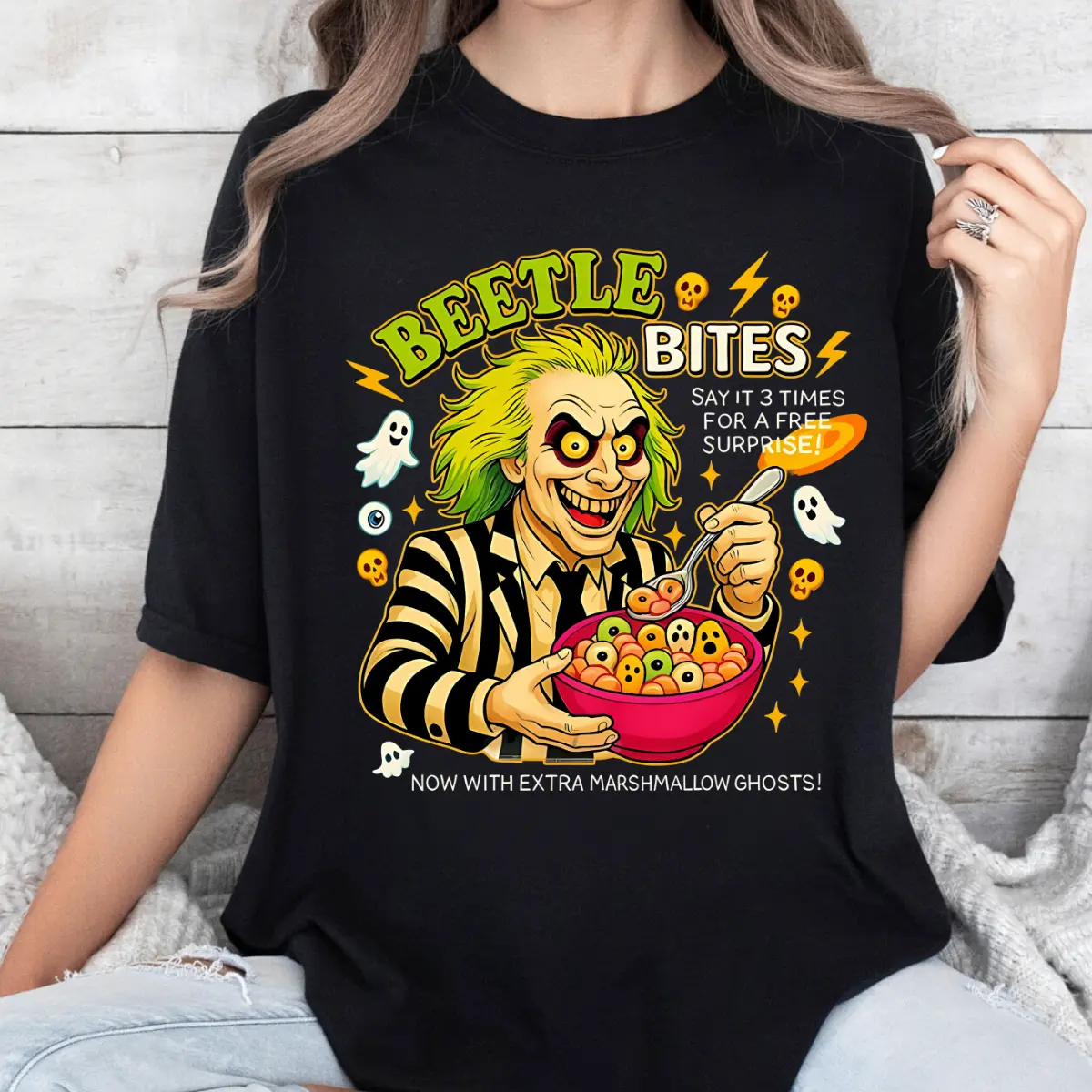 Beetlejuice Halloween 2026 T Shirt, Beetle Bites Cereal Parody Graphic, Retro Comic Style, Soft Cotton Blend Tee, Funny Ghost Costume Gift for Men & Women