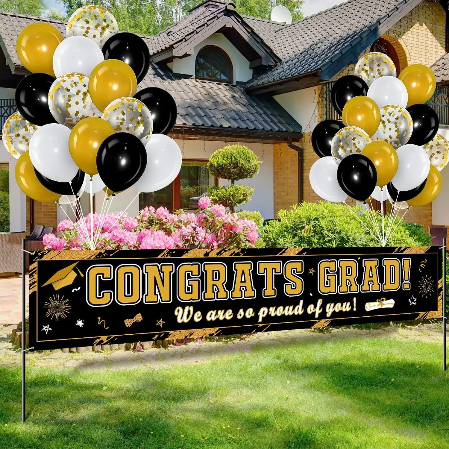 36 Pieces Class of 2026 Graduation Party Decorations Banner, Large Congrats Grad Banner with 35 Pieces Balloons 2026 Yard Signs for High School College Graduation Party Supplies(Black Gold)