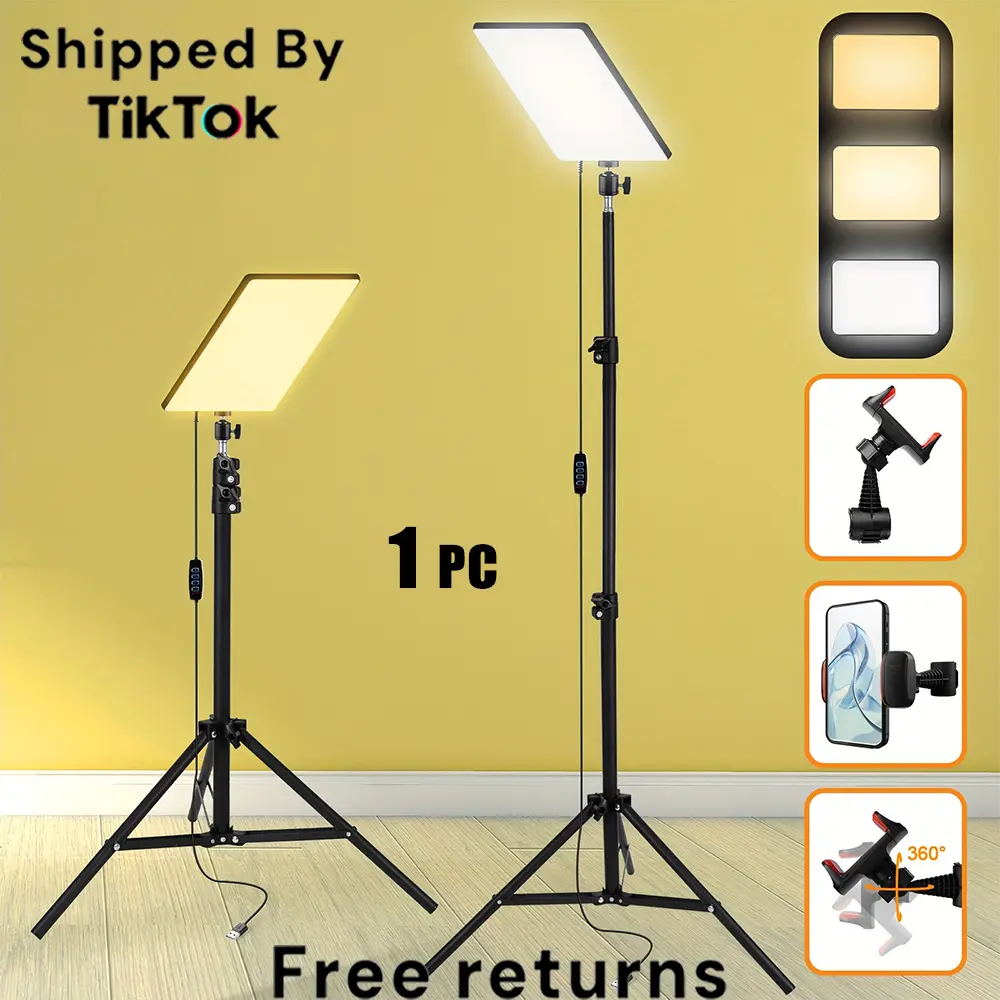 63-Inch Tripod Adjustable Light Stand + 10-Inch Square Selfie Fill Light Set, 3 Color Options, 10 Dimmable Brightness, Video Lighting Kit for Instagram Podcast Online Shooting