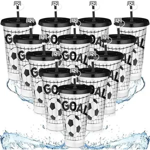 12-Pack Soccer Theme Plastic Cups with Lids & Straws, Reusable 24oz Party Drinkware, Ideal for Fans, Birthdays, Office Events