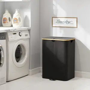 Double Laundry Hamper with Lid, Large Laundry Basket with Removable Bag & Bamboo Handles, Fodable Tall Dirty Clothes Hamper for Laundry Collapsible Bin for Bathroom Bedroom Dorm, Black