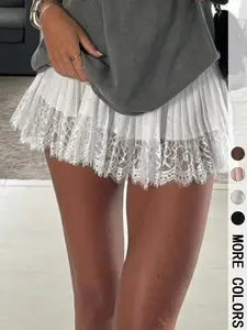 1 piece Valentine Women's Lace Patchwork Ruffle Short Skirt, Elegant Sweet Style, Long Leg Look, Perfect for Casual & Party Wear