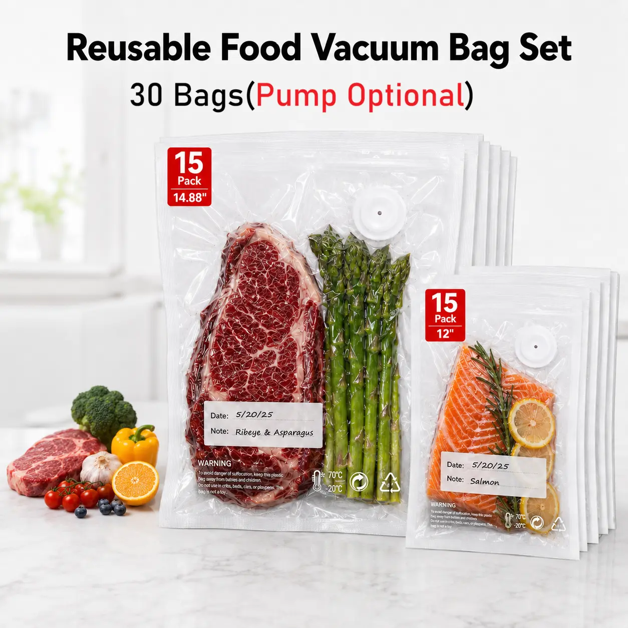 summerwins Leakproof Reusable Vacuum Sealer Bags - 30 Bags (15L+15M) Food Storage Containers with Detachable Air Valve, 2 Sizes, Kitchen Preserving Tools & Accessories for Freshness Preservation